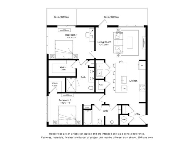 Inviting floor plan showcasing 2 spacious bedrooms, 2 modern bathrooms, an open-concept kitchen, and a welcoming living room, perfect for comfortable living.