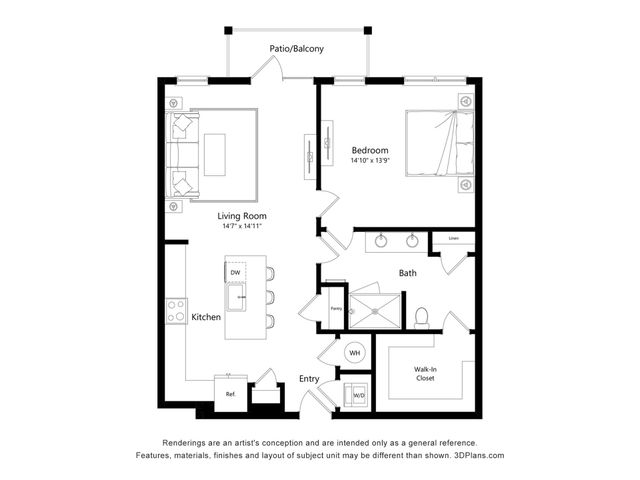 Modern floor plan showcasing a spacious 1-bedroom apartment with an open-concept living room, fully equipped kitchen, and a luxurious bath. Features a private patio and generous walk-in closet.
