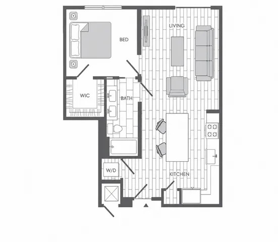 Modern floor plan featuring one bedroom with a walk-in closet, stylish bathroom, and an open-concept living and kitchen area.