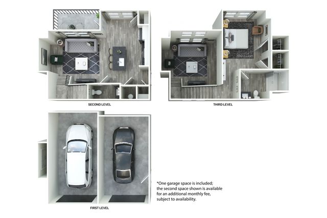 Modern tri-level floor plan with spacious living area, one bedroom, and optional dual garage spaces.