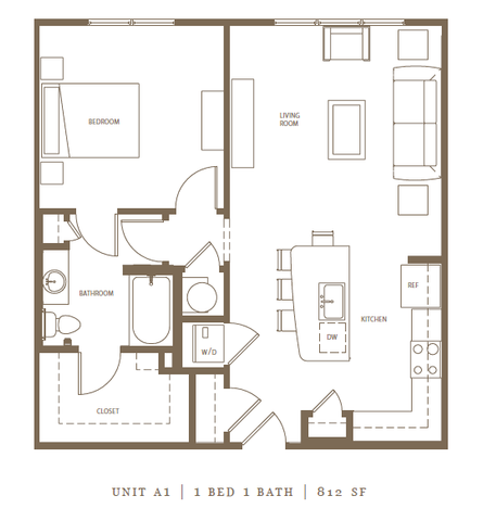 Elegant Unit A1 floor plan featuring 1 bedroom, 1 bath, and 812 sq ft of open living space with a modern kitchen and inviting living area.
