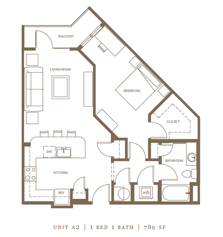 Chic modern floor plan for Unit A2 featuring 1 bedroom, 1 bathroom, open-concept living and kitchen area, with a private balcony, spanning 789 sq ft.