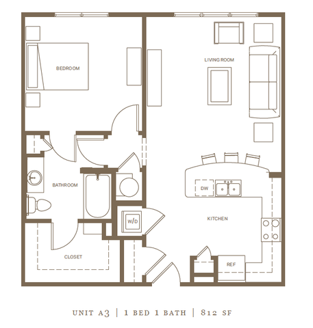 Elegant floor plan of Unit A3 featuring 1 bedroom, 1 bath, and a spacious open kitchen and living area, spanning 812 sq ft.