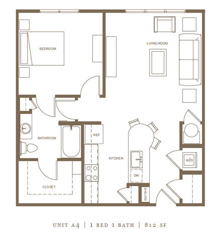 Modern Unit A4 floor plan with 1 bedroom, 1 bath, elegant kitchen with island, and spacious living room, covering 812 sq ft.