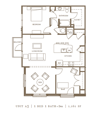 Contemporary 1 bedroom, 1 bath plus den floor plan featuring an open-concept kitchen, spacious living room with balcony access, and modern design elements across 1,161 sq ft.
