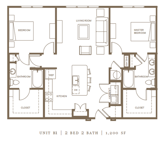 Luxurious floor plan for Unit B1 featuring 2 bedrooms, 2 bathrooms, a modern kitchen, and a spacious living room, spread over 1,200 sq ft.