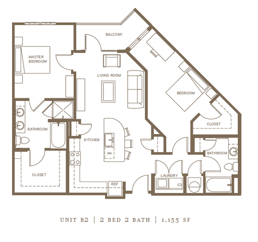 Contemporary Unit B2 floor plan featuring 2 spacious bedrooms, 2 modern bathrooms, a sleek kitchen with island, open living room, and a charming balcony, spanning 1,155 sq ft.