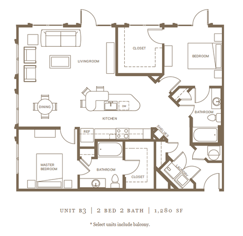 Unit B3 floor plan showcasing an elegant 2 bedroom, 2 bathroom layout with 1,280 sq ft. Features include an open kitchen, spacious living room, and dining area, with select units offering a balcony.