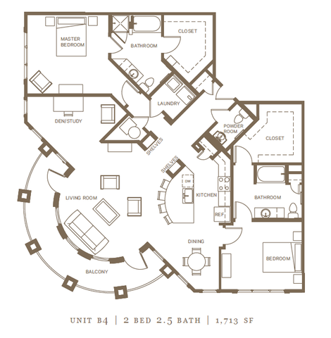 Elegant floor plan for Unit B4 featuring 2 bedrooms, 2.5 baths, spacious living room, kitchen with island, and a scenic balcony, totaling 1,713 square feet.