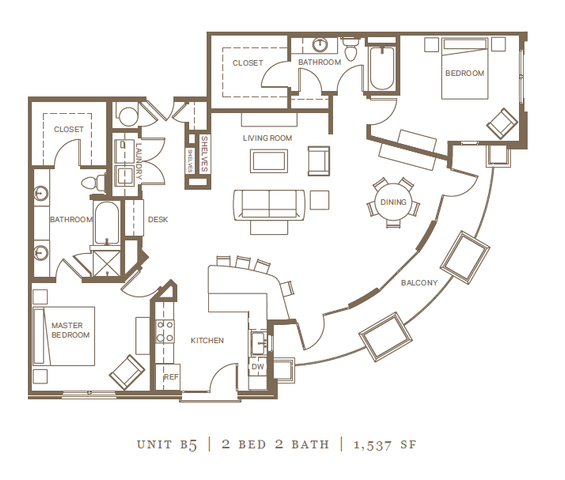 Elegant floor plan for Unit B5 featuring 2 bedrooms, 2 bathrooms, spacious living room, dining area, and kitchen, with a balcony for outdoor enjoyment, 1,537 sq ft.