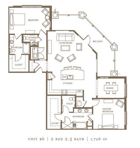 Unit B6 sophisticated floor plan featuring 2 bedrooms, 2.5 baths, and 1,728 sq ft. Enjoy the open-concept living room, spacious kitchen, and a dining area adjacent to the balcony.