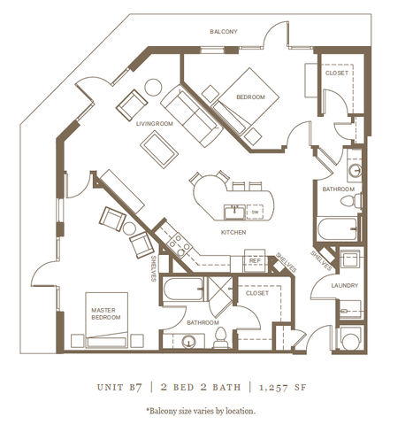Elegant floor plan of Unit B7 showcasing 2 bedrooms, 2 bathrooms, and a spacious kitchen with an open-concept living room and balcony, covering 1,257 square feet.