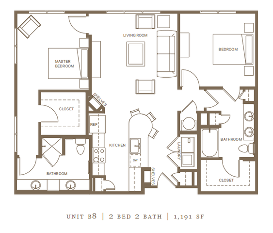 Charming Unit B8 floor plan highlighting a spacious 2 bed, 2 bath layout with modern open-concept kitchen and inviting living room, totaling 1,191 sq ft.