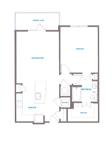 Modern 1-bedroom apartment floor plan with a spacious open-concept living area, stylish kitchen, refreshing bath, and private outdoor space labeled \'Fresh Air\'.