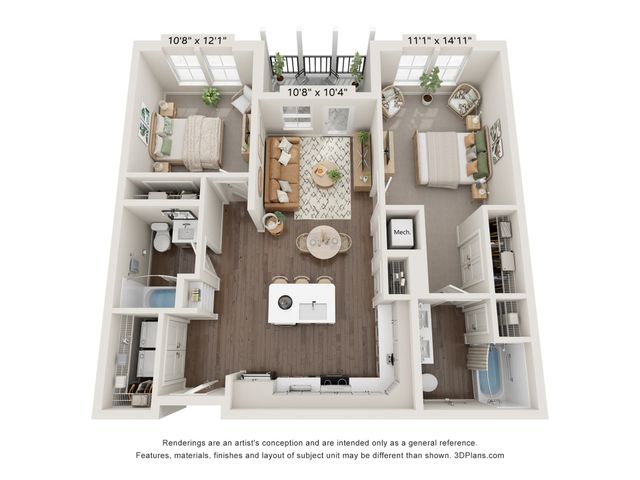 Chic 3D floor plan showcasing a modern apartment with 2 spacious bedrooms, cozy open living area, elegant kitchen island, and private balcony.
