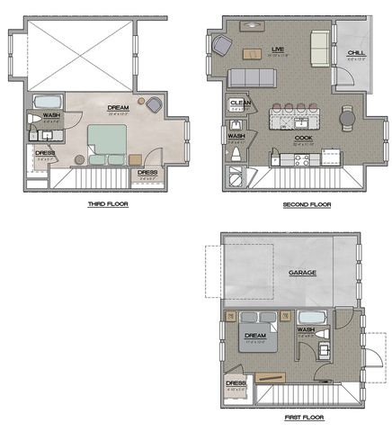Chic multi-level floor plan featuring a spacious garage, cozy bedrooms on first and third floors, and open living area with modern kitchen on the second floor.