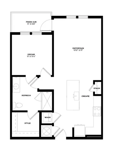 Contemporary floor plan featuring a spacious entertainment area, cozy bedroom, modern kitchen, and private balcony.