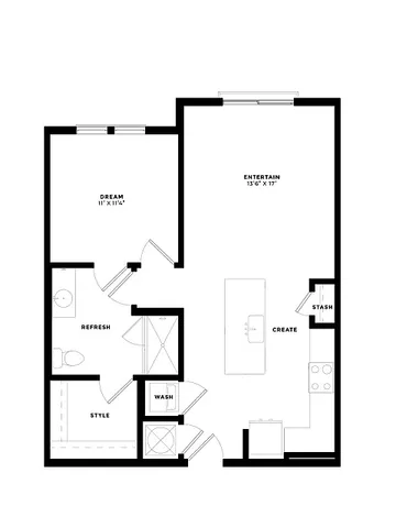 Modern 1-bedroom apartment floor plan featuring a spacious entertainment area, stylish kitchen with island, and elegant washroom.