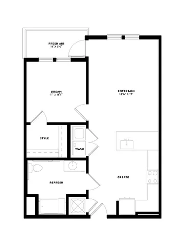 Modern floor plan showcasing a cozy 1-bedroom layout with a spacious entertainment area, stylish kitchen, and refreshing outdoor space.
