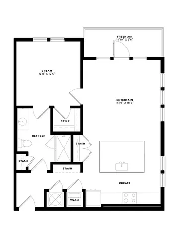 Modern 1-bedroom floor plan featuring open-concept living and kitchen area, spacious entertainment zone, and cozy bedroom retreat.