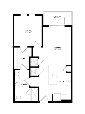 Modern floor plan featuring a cozy bedroom, stylish kitchen, spacious living area, and balcony for fresh air.