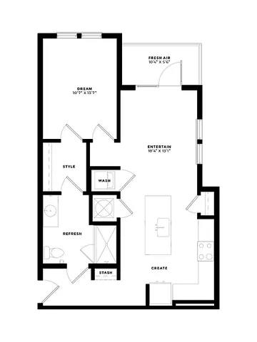 Modern floor plan featuring a spacious bedroom, open-concept living and kitchen area, stylish bathroom, and private patio space.