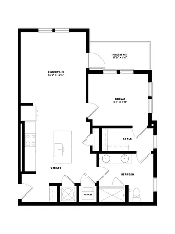 Modern floor plan with a spacious entertainment area, dream bedroom, stylish bathroom, and gourmet kitchen.