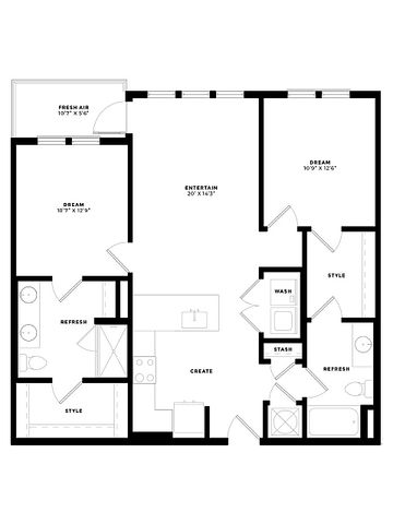 Modern floor plan showcasing 2 spacious bedrooms, an open-concept living area, and a stylish kitchen with ample counter space.