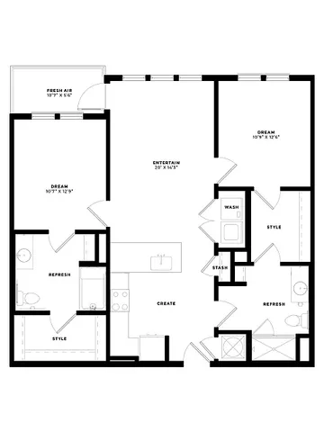 Chic apartment floor plan with 2 spacious bedrooms, open living area, stylish kitchen, and dual bathrooms, featuring a cozy balcony.