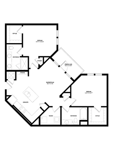 Elegant floor plan showcasing spacious 2-bedroom design with expansive living area, modern kitchen, and refreshing outdoor space.