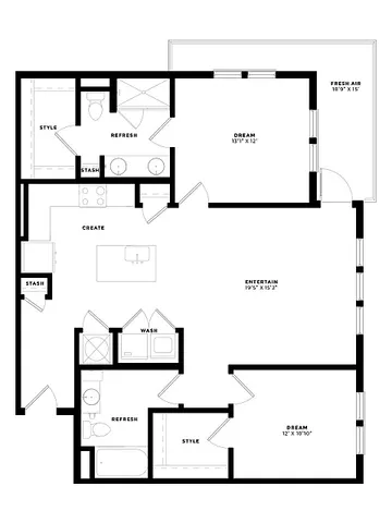 Modern floor plan featuring 2 bedrooms, a spacious entertainment area, and a large balcony for fresh air enjoyment.