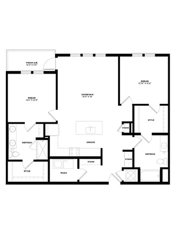 Modern apartment floor plan showcasing 2 bedrooms, spacious entertainment area, kitchen with island, and two bathrooms.