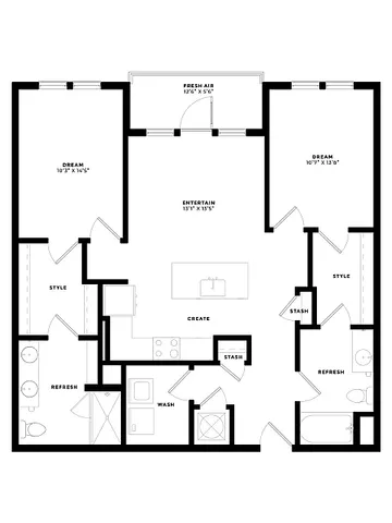 Modern 2D floor plan showcasing 2 bedrooms, spacious open kitchen with island, dual bathrooms, and a vibrant living area.