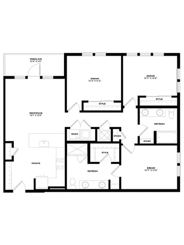 Modern floor plan showcasing a spacious layout with 2 bedrooms, a versatile living area, open kitchen, and fresh air balcony.