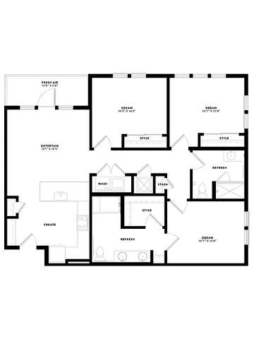 Modern floor plan showcasing two spacious bedrooms, a versatile open-concept kitchen, and a private outdoor area for fresh air.