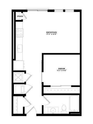 Modern 1-bedroom apartment floor plan featuring an open-concept kitchen and living area, plus a spacious bathroom.