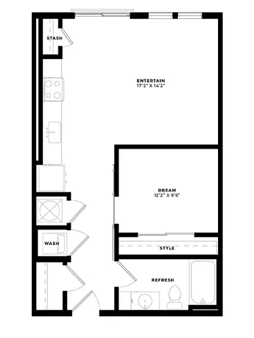 Modern 1-bedroom apartment floor plan featuring an open-concept entertainment area, stylish kitchen, and spacious bathroom.