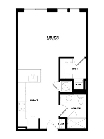 Modern studio apartment floor plan featuring open-label areas: \'Create\' kitchen space, \'Entertain\' living area, \'Style\' closet, \'Wash\' laundry, and \'Refresh\' bathroom.