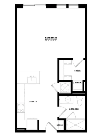Modern studio floor plan featuring an open kitchen, spacious living area, and well-defined bath and storage sections.