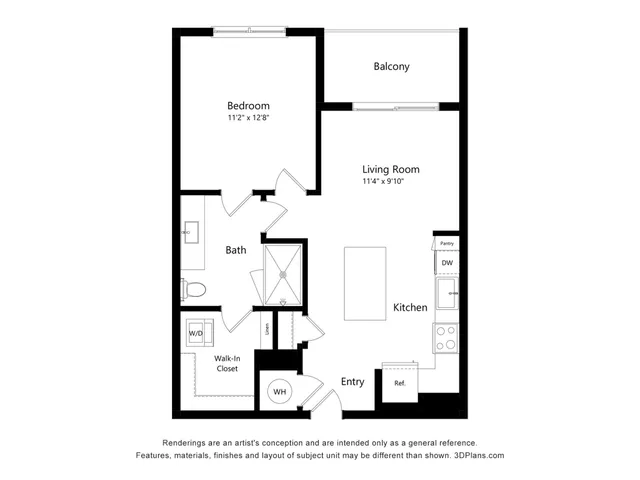 Modern floor plan with 1 bedroom, spacious living area, and private balcony, featuring a large walk-in closet and contemporary kitchen.