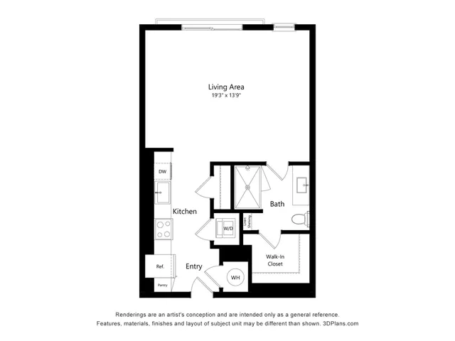 Modern studio floor plan with open living area, cozy kitchen, and spacious bath featuring a walk-in closet.