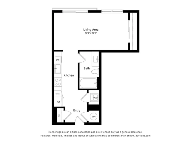 Contemporary L-shaped floor plan with a spacious living area, modern kitchen, and convenient laundry space.