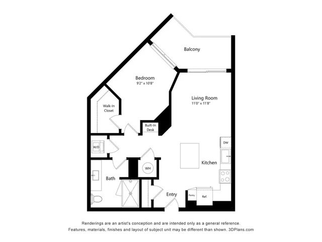 Modern apartment layout with a cozy bedroom, spacious living room, kitchen, and private balcony. Includes a walk-in closet, built-in desk, and bathroom.