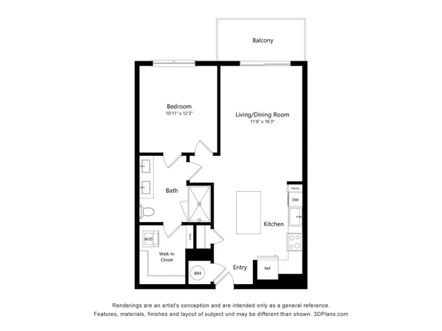 Modern 1-bedroom floor plan with spacious living/dining area, sleek kitchen, private balcony, and luxurious walk-in closet.