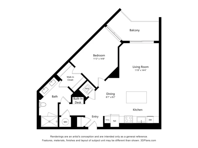 Modern floor plan showcasing a spacious 1-bedroom apartment with a walk-in closet, open-concept living room and dining area, luxurious kitchen, and private balcony.