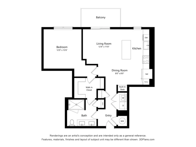 Modern floor plan showcasing a spacious 1-bedroom apartment with a versatile kitchen, inviting living room, and private balcony. Includes a dining area, walk-in closet, and built-in desk for added convenience.
