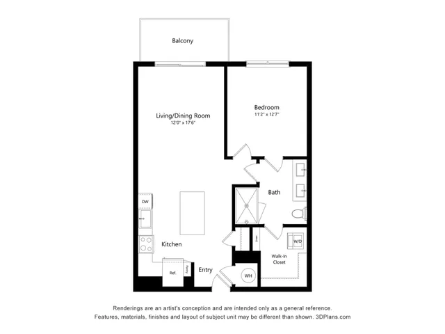 Chic floor plan featuring a spacious living/dining room, modern kitchen, 1 bedroom, and bathroom with walk-in closet, plus balcony access.