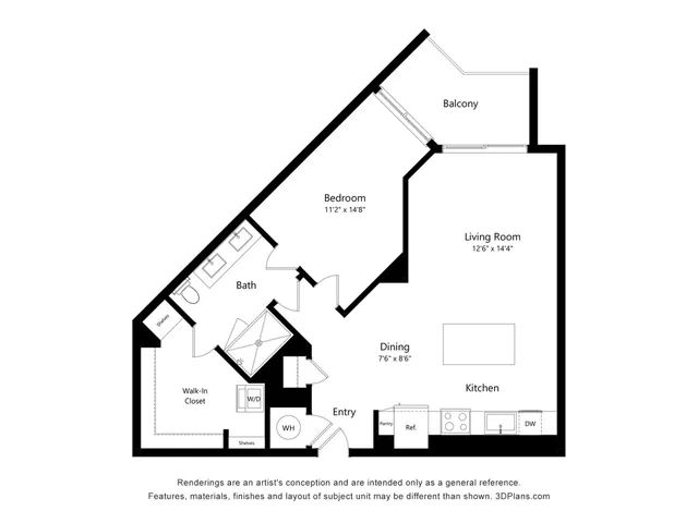 Chic floor plan featuring one bedroom, spacious living room, modern kitchen, and private balcony for comfortable living.