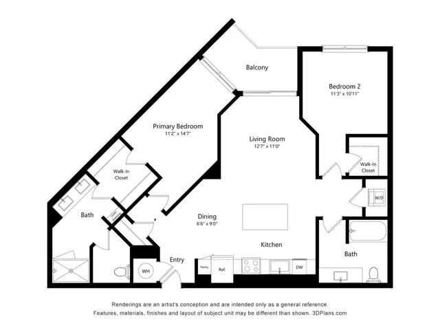 Elegant 2D floor plan showcasing a spacious 2-bedroom apartment with a primary suite, open-concept living and dining area, and a scenic balcony.