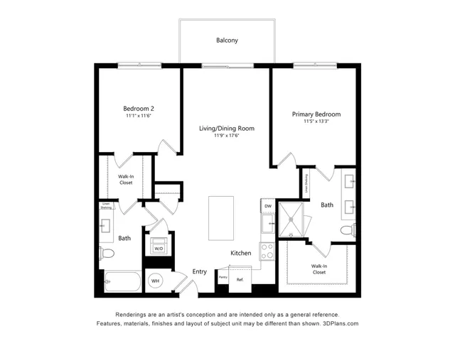 Modern floor plan featuring 2 bedrooms, open living/dining area, and a balcony. Includes a spacious kitchen and dual bathrooms with walk-in closets.